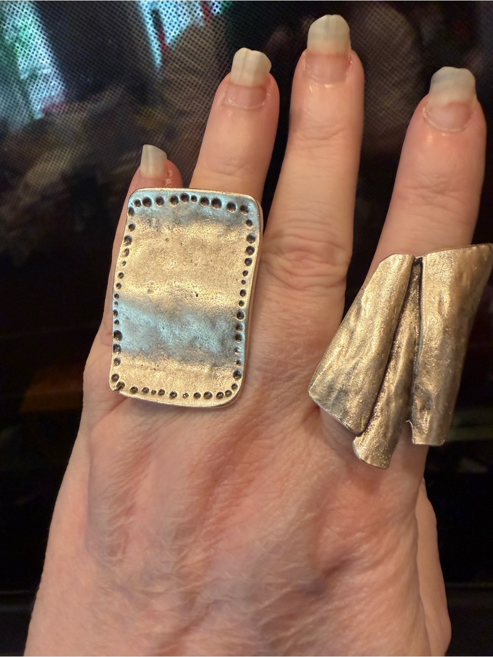 Handcrafted Silver-Tone Women's Statement Rings- Textured Rectangular Design - Picture 4 of 4